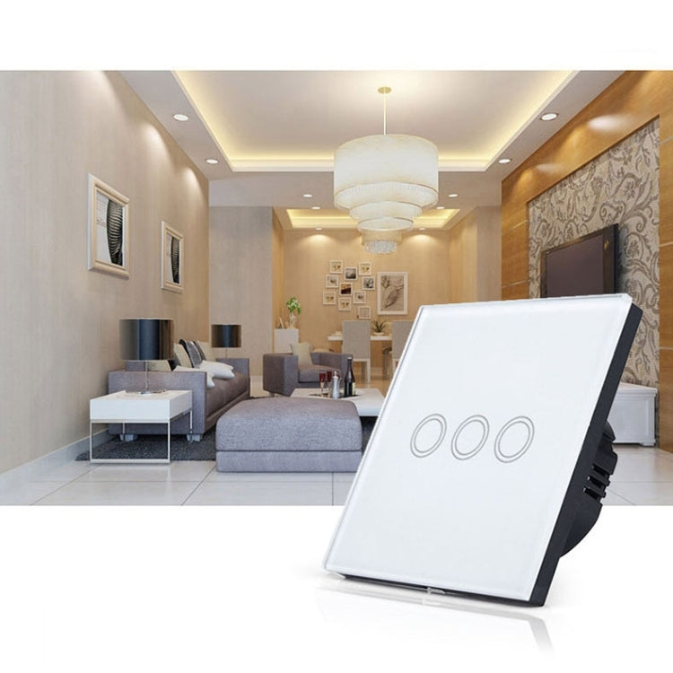 86mm 3 Gang Tempered Glass Panel Wall Switch Smart Home Light Touch Switch with RF433 Remote Controller, AC 110V-240V(White) - Smart Switch by PMC Jewellery | Online Shopping South Africa | PMC Jewellery | Buy Now Pay Later Mobicred