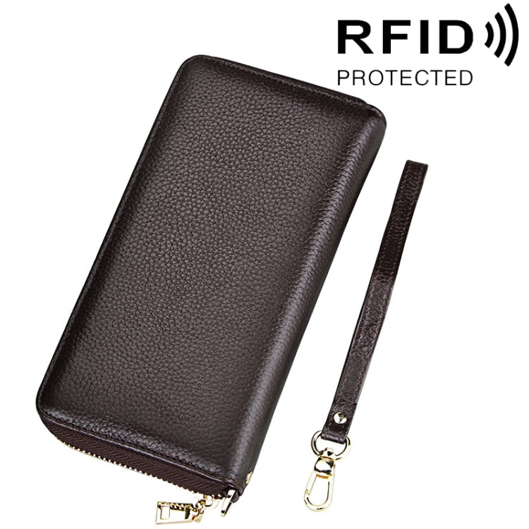 Genuine Cowhide Leather Litchi Texture Zipper Long Style Card Holder Wallet RFID Blocking Coin Purse Card Bag Protect Case with Hand Strap for Women, Size: 20*10.5*3cm(Coffee) - Antimagnetic RFID Package by PMC Jewellery | Online Shopping South Africa | PMC Jewellery | Buy Now Pay Later Mobicred