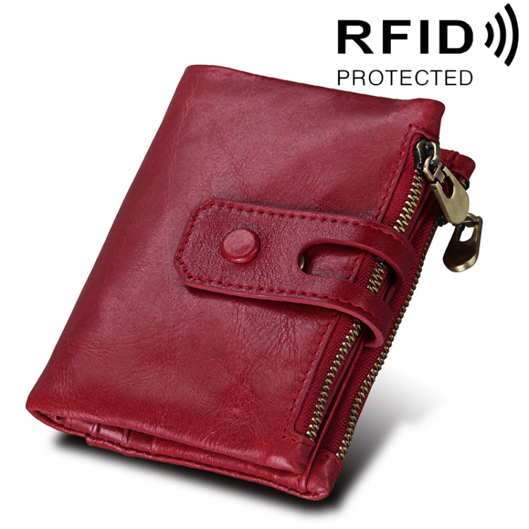 Genuine Cowhide Leather Crazy Horse Texture Zipper 3-folding Card Holder Wallet RFID Blocking Coin Purse Card Bag Protect Case for Men, Size: 12*9.5*3.5cm(Red) - Antimagnetic RFID Package by PMC Jewellery | Online Shopping South Africa | PMC Jewellery | Buy Now Pay Later Mobicred