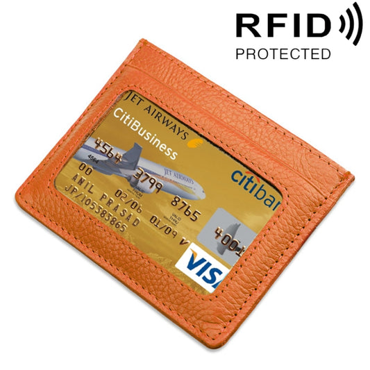 Cowhide Leather Litchi Texture Open Type Solid Color Card Holder RFID Blocking Card Bag Protective Case(Orange) - Antimagnetic RFID Package by PMC Jewellery | Online Shopping South Africa | PMC Jewellery | Buy Now Pay Later Mobicred