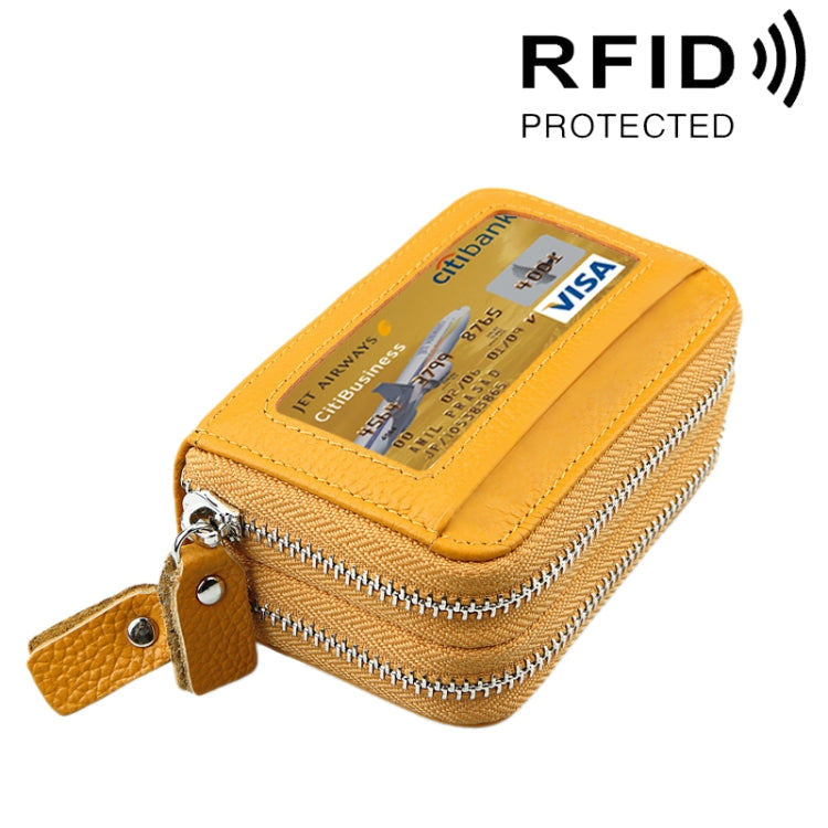 Genuine Cowhide Leather Dual Layer Solid Color Zipper Card Holder Wallet RFID Blocking Coin Purse Card Bag Protective Case with 11 Card Slots & Coin Position, Size: 11*7.5*4.5cm(Yellow) - Antimagnetic RFID Package by PMC Jewellery | Online Shopping South Africa | PMC Jewellery | Buy Now Pay Later Mobicred