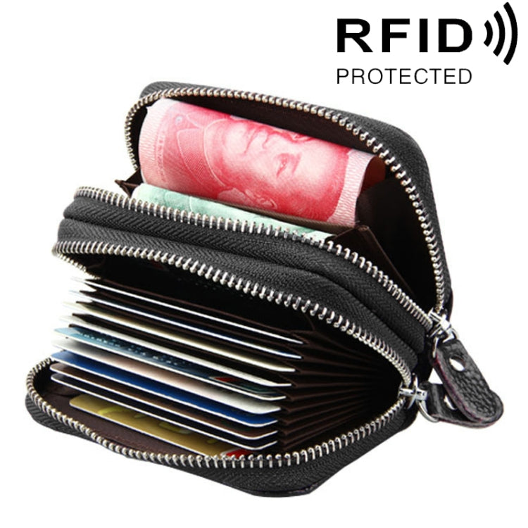 Genuine Leather Dual Layer Zipper Card Holder Wallet RFID Blocking Purse, Size: 10.5x7.0x4.0cm(Coffee) - Antimagnetic RFID Package by PMC Jewellery | Online Shopping South Africa | PMC Jewellery | Buy Now Pay Later Mobicred