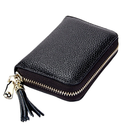 Genuine Cowhide Leather Solid Color Zipper Card Holder Wallet RFID Blocking Card Bag Protect Case Coin Purse with Tassel Pendant & 15 Card Slots for Women, Size: 11.1*7.6*3.5cm(Blue) - Antimagnetic RFID Package by PMC Jewellery | Online Shopping South Africa | PMC Jewellery | Buy Now Pay Later Mobicred