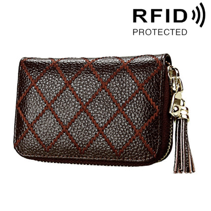 Genuine Cowhide Leather Grid Texture Zipper Card Holder Wallet RFID Blocking Card Bag Protect Case Coin Purse with Tassel Pendant & 15 Card Slots for Women, Size: 11.1*7.9*3.5cm(Coffee) - Antimagnetic RFID Package by PMC Jewellery | Online Shopping South Africa | PMC Jewellery | Buy Now Pay Later Mobicred