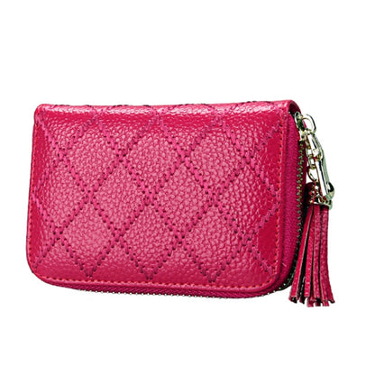 Genuine Cowhide Leather Grid Texture Zipper Card Holder Wallet RFID Blocking Card Bag Protect Case Coin Purse with Tassel Pendant & 15 Card Slots for Women, Size: 11.1*7.9*3.5cm(Magenta) - Antimagnetic RFID Package by PMC Jewellery | Online Shopping South Africa | PMC Jewellery | Buy Now Pay Later Mobicred