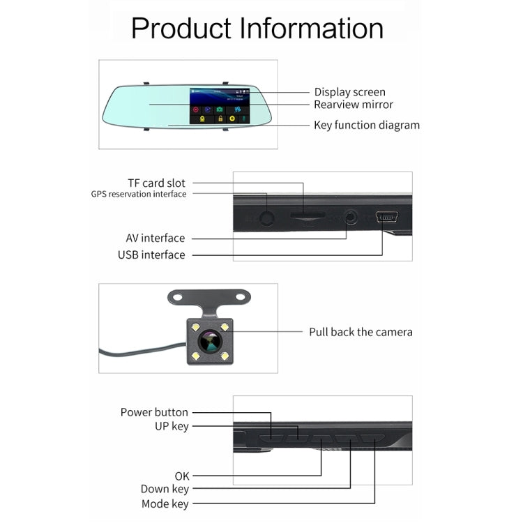 G705 5 inch LCD Touch Screen Rear View Mirror Car Recorder with Separate Camera, 170 Degree Wide Angle Viewing, Support Loop Video / Motion Detection / G-Sensor / TF Card - Car DVRs by PMC TechLife | Online Shopping South Africa | PMC TechLife | Buy Now Pay Later Mobicred