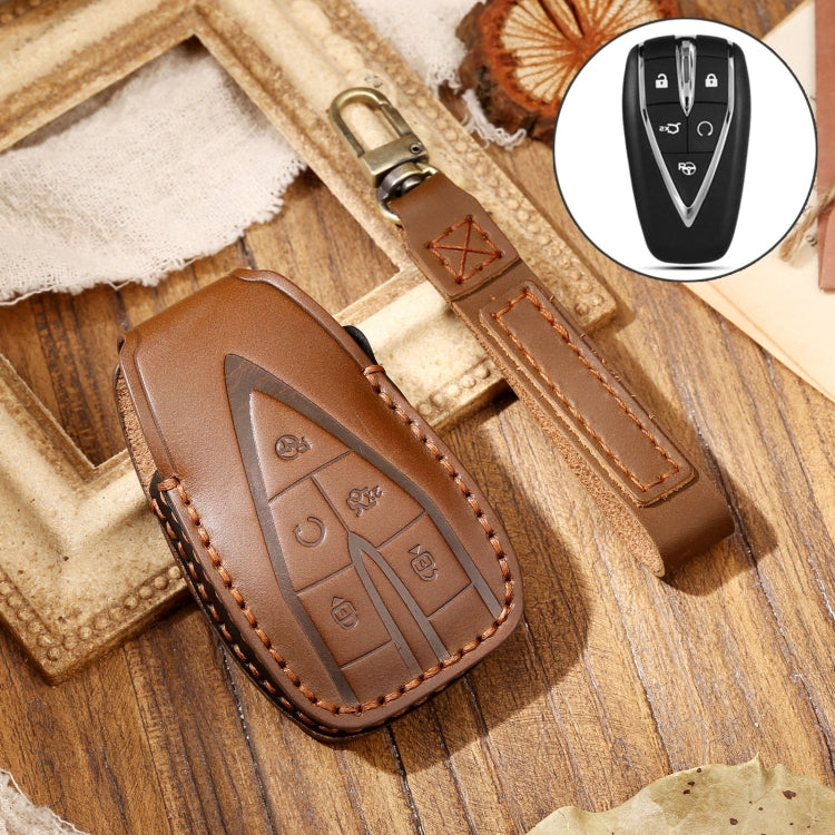 Hallmo Car Cowhide Leather Key Protective Cover Key Case for Changan CS75 Plus(Brown) - Car Key Cases by Hallmo | Online Shopping South Africa | PMC TechLife | Buy Now Pay Later Mobicred