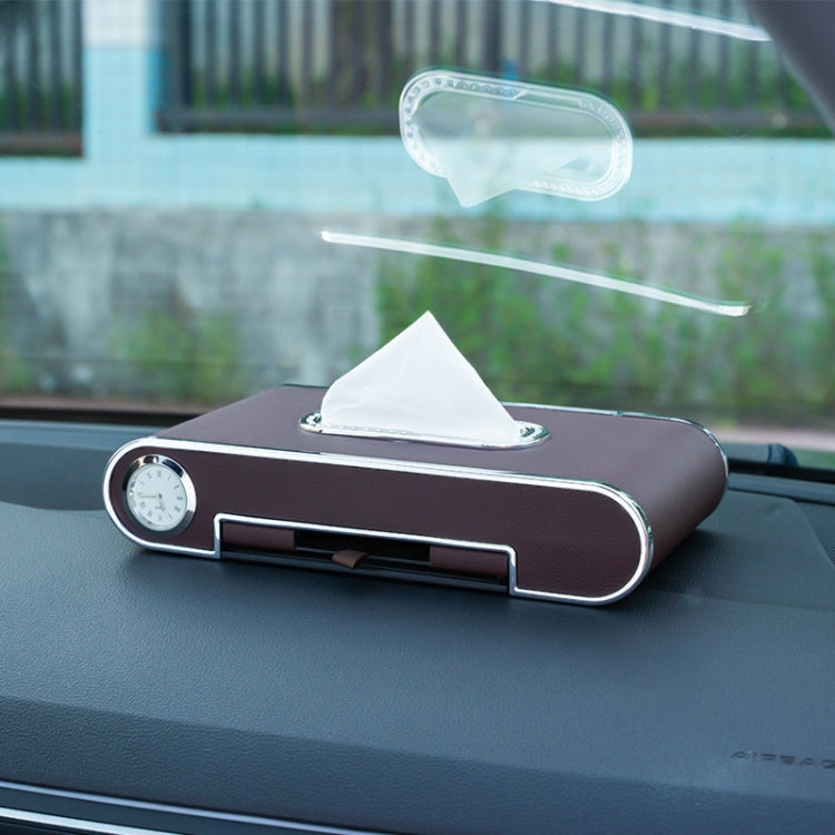 Car Dashboard Diamond Paper Towel Box with Temporary Parking Phone Number Card & Phone Holder & Clock(Coffee) - Tissue Boxes by PMC Jewellery | Online Shopping South Africa | PMC Jewellery | Buy Now Pay Later Mobicred