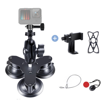 Triangle Suction Cup Mount Holder with Tripod Adapter & Screw & Phone Clamp & Anti-lost Silicone Net for for GoPro Hero12 Black / Hero11 /10 /9 /8 /7 /6 /5, Insta360 Ace / Ace Pro, DJI Osmo Action 4 and Other Action Cameras, Smartphones(Black) - Holder by PMC Jewellery | Online Shopping South Africa | PMC Jewellery | Buy Now Pay Later Mobicred