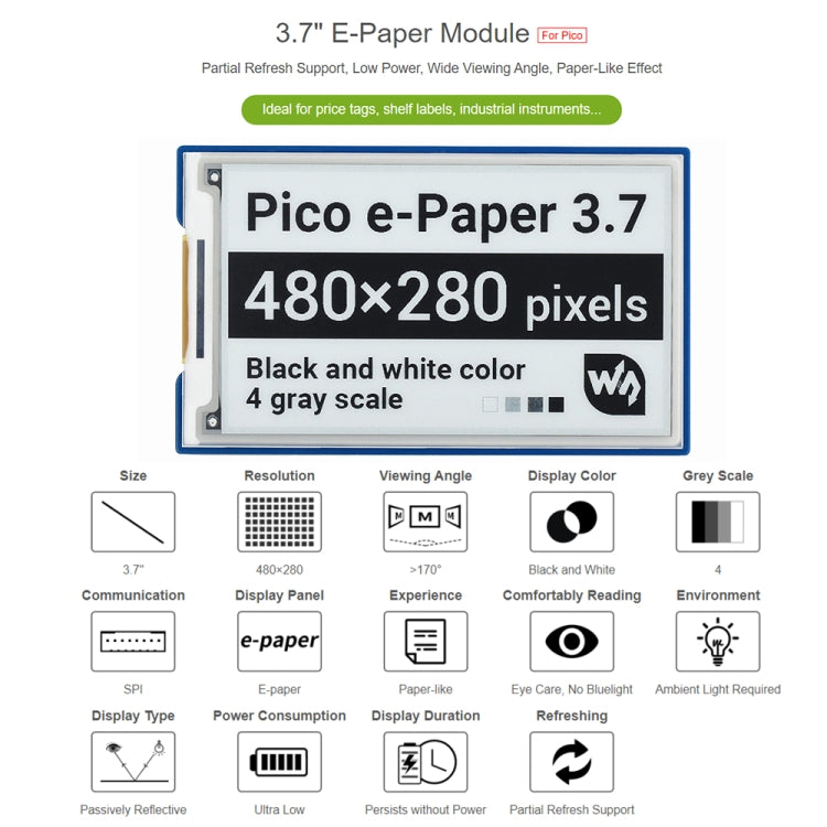 Waveshare 3.7 inch 480x280 Pixel E-Paper E-Ink Display Module for Raspberry Pi Pico, 4 Grayscale, SPI Interface - Modules Expansions Accessories by WAVESHARE | Online Shopping South Africa | PMC Jewellery | Buy Now Pay Later Mobicred