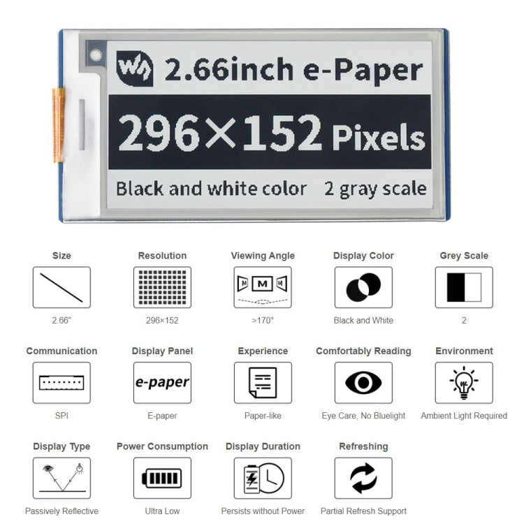 Waveshare 2.66 inch 296 x 152 Pixel Black / White E-Paper E-Ink Display Module for Raspberry Pi Pico, SPI Interface - free shipping - PMC Jewellery - Order now!