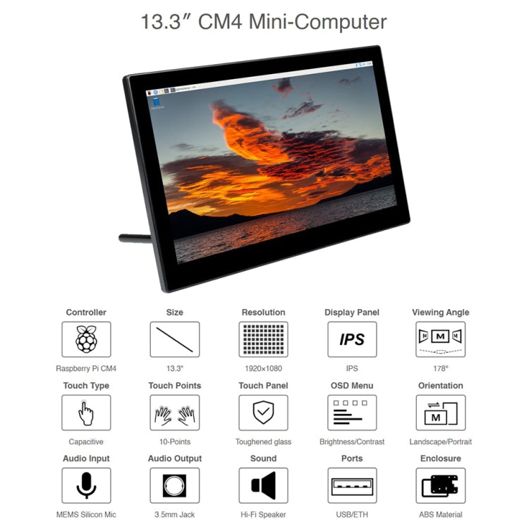 WAVESHARE Mini-Computer Powered by Raspberry Pi CM4 Touch Screen(EU Plug) - free shipping - PMC Jewellery - Order now!