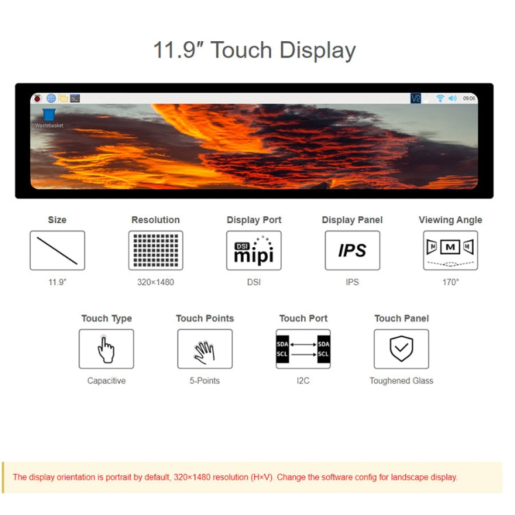 WAVESHARE 11.9 inch Capacitive Touch Display For Raspberry Pi, 320 x 1480, IPS, DSI Interface - free shipping - PMC Jewellery - Order now!