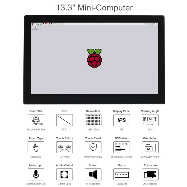 Waveshare 13.3 inch Mini-Computer Powered by Raspberry Pi 3A+, HD Touch Screen(US Plug) - Modules Expansions Accessories by WAVESHARE | Online Shopping South Africa | PMC Jewellery | Buy Now Pay Later Mobicred