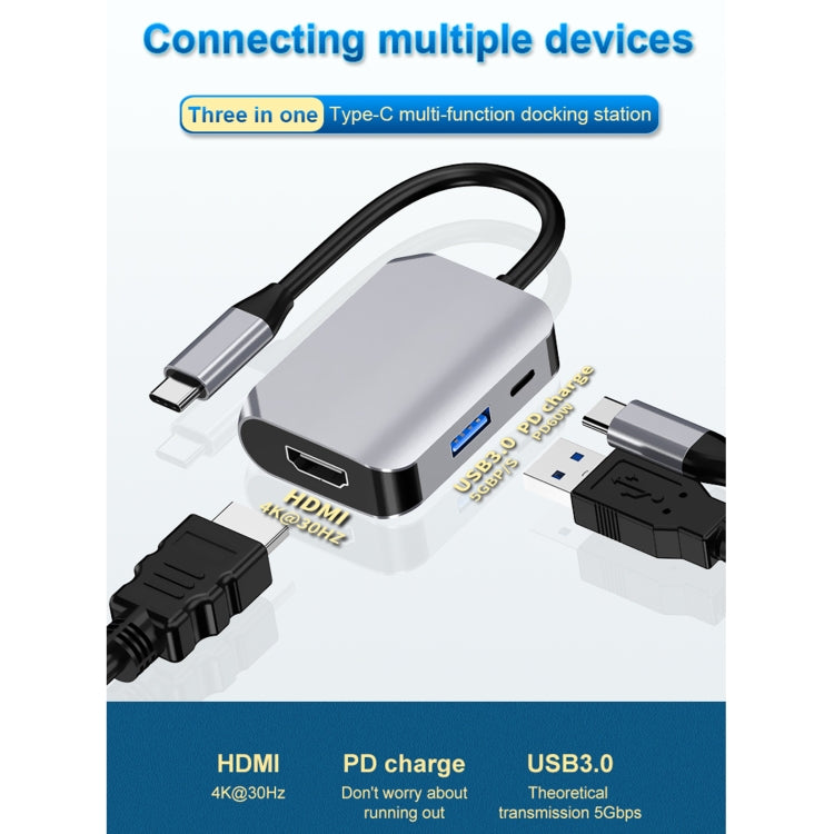 HW-6003 3 In 1 Type-C / USB-C to HDMI + PD + USB 3.0 Docking Station Adapter Converter(Grey) - USB HUB by PMC Jewellery | Online Shopping South Africa | PMC Jewellery | Buy Now Pay Later Mobicred