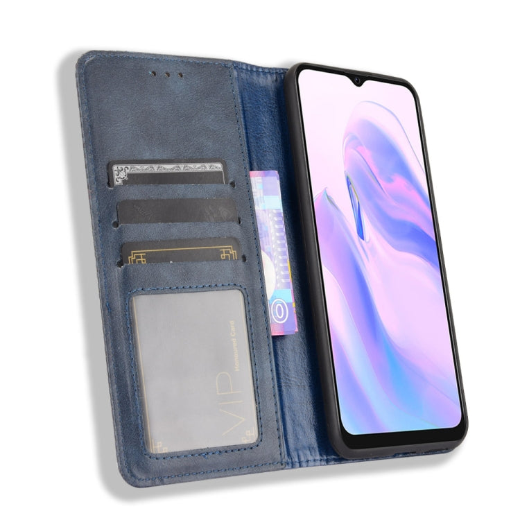 For Blackview A70 (2021) Magnetic Buckle Retro Crazy Horse Texture Horizontal Flip Leather Case with Holder & Card Slots & Photo Frame(Blue) - More Brand by PMC Jewellery | Online Shopping South Africa | PMC Jewellery | Buy Now Pay Later Mobicred