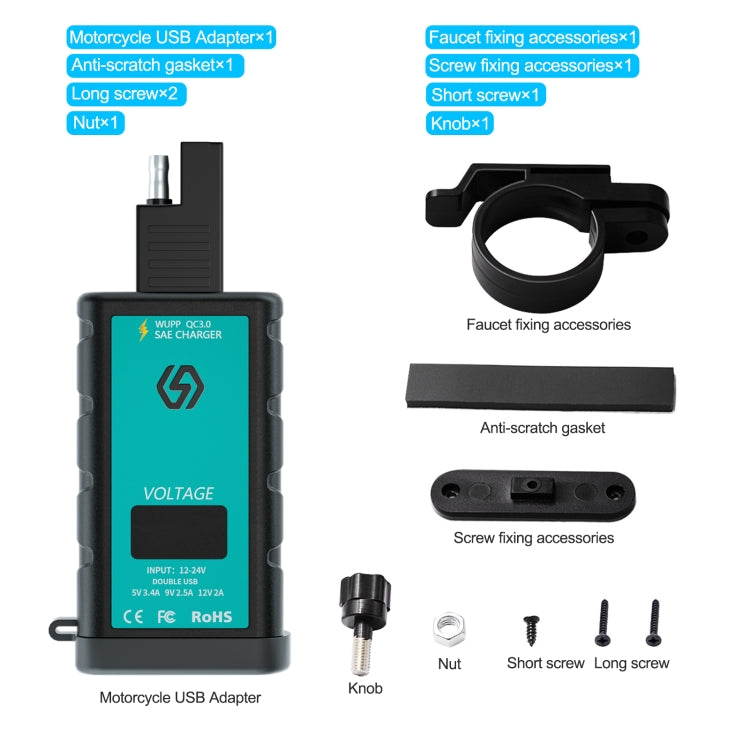 WUPP ZH-1422B1 DC12-24V Motorcycle Square Single USB + PD Fast Charging Charger with Switch + Voltmeter + Integrated SAE Socket - free shipping - PMC TechLife - Order now!