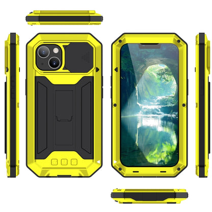 For iPhone 13 R-JUST Sliding Camera Shockproof Life Waterproof Dust-proof Metal + Silicone Protective Case with Holder(Yellow) - iPhone 13 Cases by R-JUST | Online Shopping South Africa | PMC Jewellery | Buy Now Pay Later Mobicred