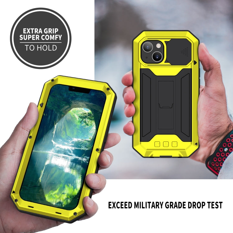 For iPhone 13 R-JUST Sliding Camera Shockproof Life Waterproof Dust-proof Metal + Silicone Protective Case with Holder(Yellow) - iPhone 13 Cases by R-JUST | Online Shopping South Africa | PMC Jewellery | Buy Now Pay Later Mobicred