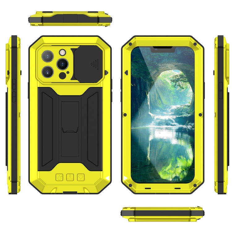 For iPhone 13 Pro R-JUST Sliding Camera Shockproof Life Waterproof Dust-proof Metal + Silicone Protective Case with Holder (Yellow) - iPhone 13 Pro Cases by R-JUST | Online Shopping South Africa | PMC Jewellery