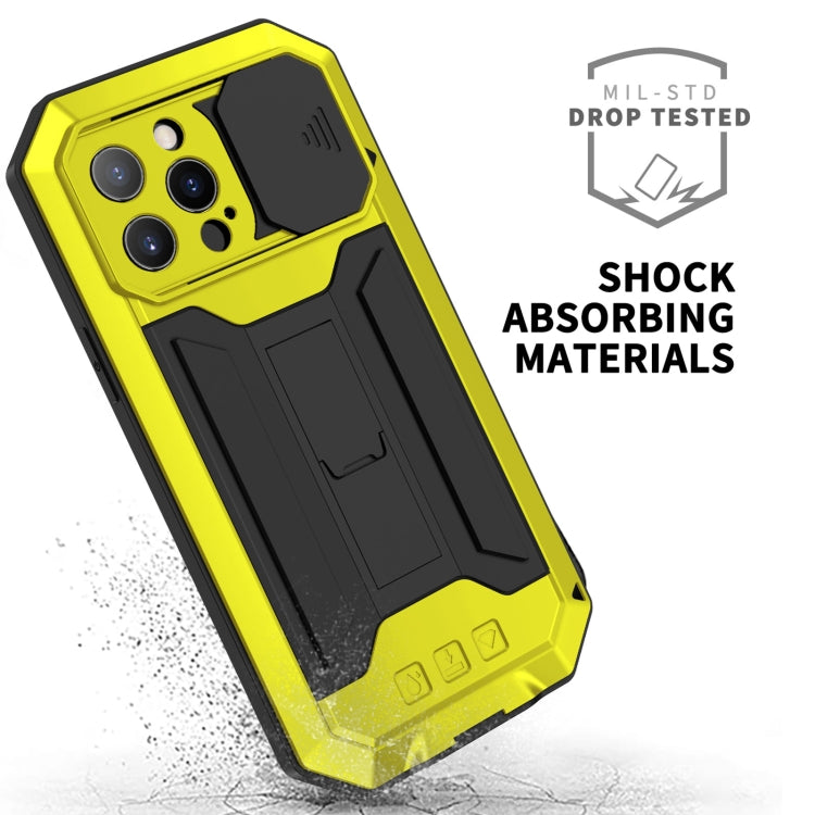 For iPhone 13 Pro Max R-JUST Sliding Camera Shockproof Life Waterproof Dust-proof Metal + Silicone Protective Case with Holder (Yellow) - free shipping - PMC TechLife - Order now!