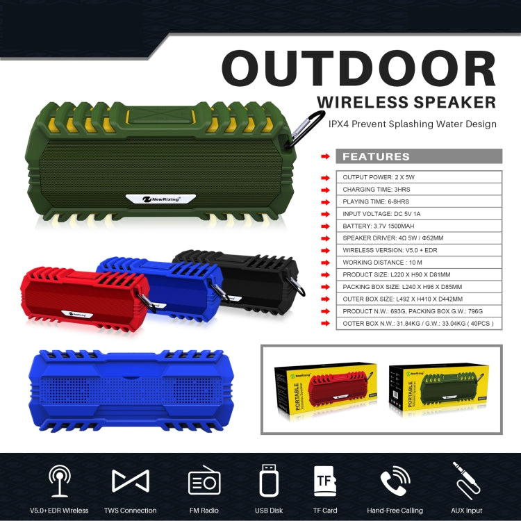 NewRixing NR-5015 Outdoor Portable Bluetooth Speakerr with Hook, Support Hands-free Call / TF Card / FM / U Disk(Green) - Desktop Speaker by NewRixing | Online Shopping South Africa | PMC Jewellery | Buy Now Pay Later Mobicred