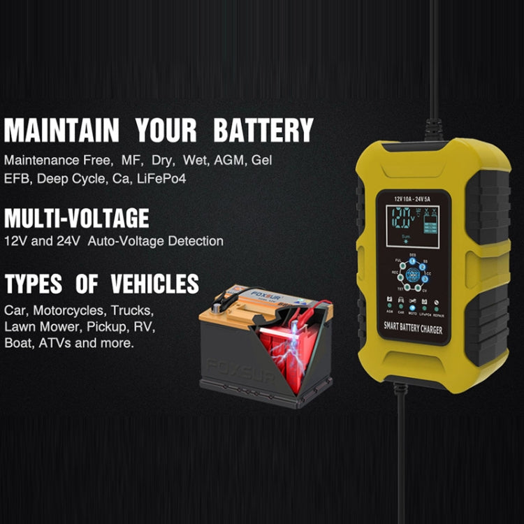 FOXSUR 10A 12V 7-segment Motorcycle / Car Smart Battery Charger, Plug Type:EU Plug(Yellow) - Battery Charger by FOXSUR | Online Shopping South Africa | PMC Jewellery | Buy Now Pay Later Mobicred