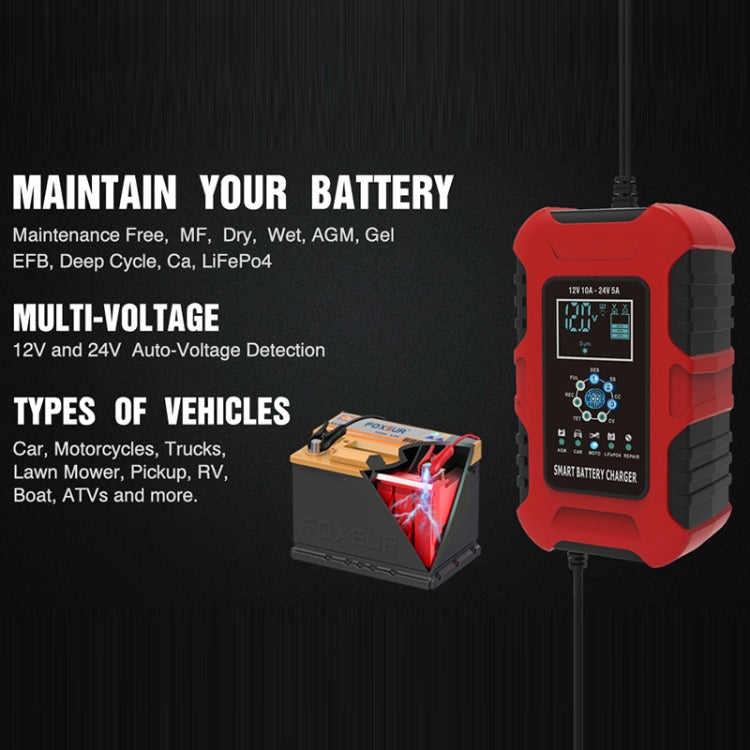 FOXSUR 10A 12V 7-segment Motorcycle / Car Smart Battery Charger, Plug Type:UK Plug(Red) - Battery Charger by FOXSUR | Online Shopping South Africa | PMC Jewellery | Buy Now Pay Later Mobicred