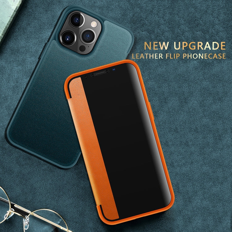 For iPhone 13 Pro Max Magnetic Side Window View Shockproof Horizontal Flip Leather Case (Orange) - iPhone 13 Pro Max Cases by PMC TechLife | Online Shopping South Africa | PMC TechLife