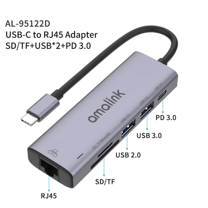 amalink 95122D Type-C / USB-C to RJ45 + 2 Ports USB + PD 3.0 Multi-function HUB(Grey) - USB HUB by amalink | Online Shopping South Africa | PMC Jewellery | Buy Now Pay Later Mobicred