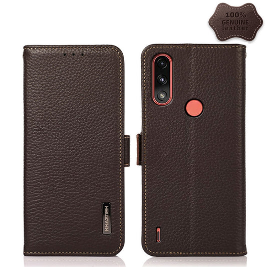 For Motorola Moto E7 Power KHAZNEH Side-Magnetic Litchi Genuine Leather RFID Case(Brown) - Motorola Cases by PMC Jewellery | Online Shopping South Africa | PMC Jewellery | Buy Now Pay Later Mobicred