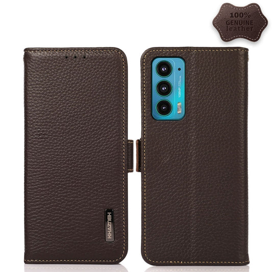 For Motorola Edge 20 KHAZNEH Side-Magnetic Litchi Genuine Leather RFID Case(Brown) - Motorola Cases by PMC Jewellery | Online Shopping South Africa | PMC Jewellery | Buy Now Pay Later Mobicred