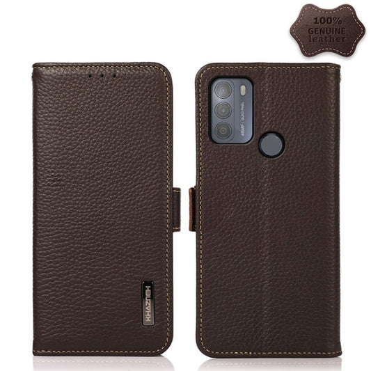 For Motorola Moto G50 KHAZNEH Side-Magnetic Litchi Genuine Leather RFID Case(Brown) - Motorola Cases by PMC Jewellery | Online Shopping South Africa | PMC Jewellery | Buy Now Pay Later Mobicred