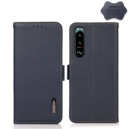 For Sony Xperia 5 III KHAZNEH Side-Magnetic Litchi Genuine Leather RFID Case(Blue) - Sony Cases by PMC Jewellery | Online Shopping South Africa | PMC Jewellery | Buy Now Pay Later Mobicred