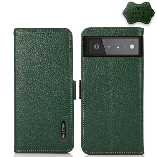 For Google Pixel 6 KHAZNEH Side-Magnetic Litchi Genuine Leather RFID Case(Green) - Google Cases by PMC Jewellery | Online Shopping South Africa | PMC Jewellery | Buy Now Pay Later Mobicred