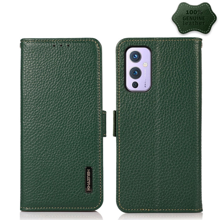 For OnePlus 9 KHAZNEH Side-Magnetic Litchi Genuine Leather RFID Phone Case(Green) - OnePlus Cases by PMC TechLife | Online Shopping South Africa | PMC TechLife | Buy Now Pay Later Mobicred