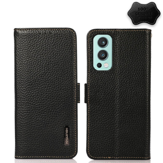 For OnePlus Nord 2 5G KHAZNEH Side-Magnetic Litchi Genuine Leather RFID Phone Case(Black) - OnePlus Cases by PMC Jewellery | Online Shopping South Africa | PMC Jewellery | Buy Now Pay Later Mobicred