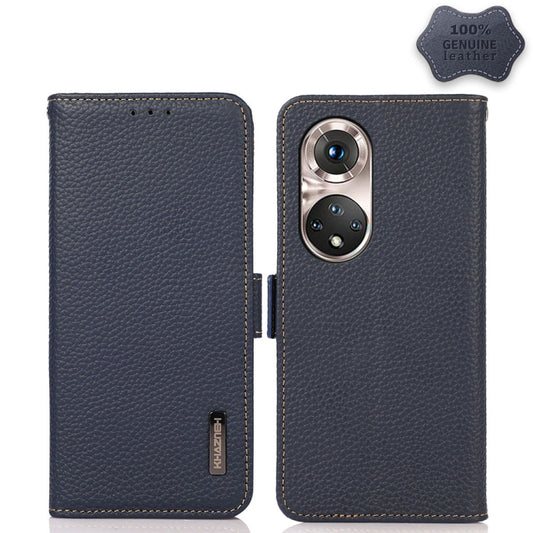 For Honor 50 Pro KHAZNEH Side-Magnetic Litchi Genuine Leather RFID Phone Case(Blue) - Honor Cases by PMC Jewellery | Online Shopping South Africa | PMC Jewellery | Buy Now Pay Later Mobicred