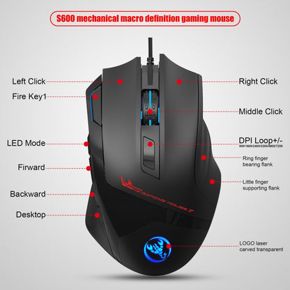 HXSJ S600 USB 7200dpi Adjustable 9-Keys Mechanical Wired Gaming Mouse(Black) - Wired Mice by HXSJ | Online Shopping South Africa | PMC Jewellery | Buy Now Pay Later Mobicred