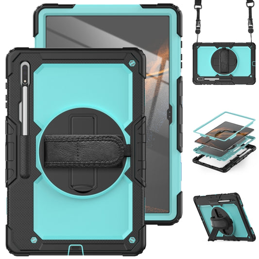 For Samsung Galaxy Tab S10 Ultra / S9 Ultra / S8 Ultra Silicone + PC Tablet Case with Shoulder Strap(Black+Light Blue) - Tab S10 Ultra Cases by PMC Jewellery | Online Shopping South Africa | PMC Jewellery | Buy Now Pay Later Mobicred