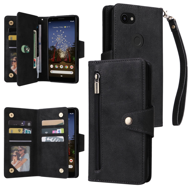 For Google Pixel 3A Rivet Buckle 9 Cards Three Fold Leather Phone Case(Black) - Google Cases by PMC Jewellery | Online Shopping South Africa | PMC Jewellery | Buy Now Pay Later Mobicred