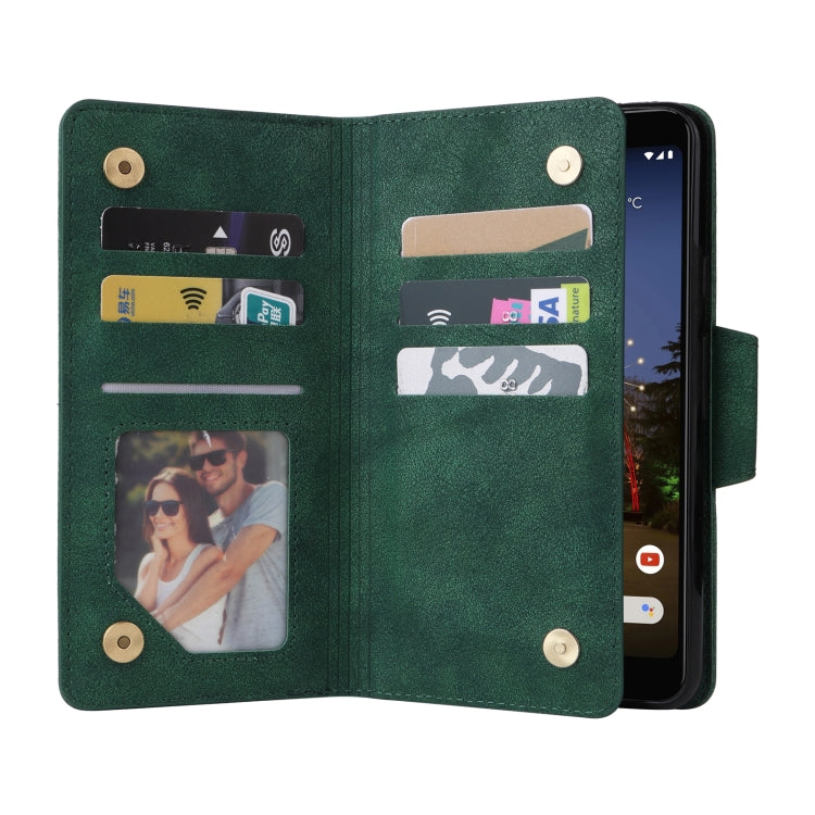 For Google Pixel 3A Rivet Buckle 9 Cards Three Fold Leather Phone Case(Green) - Google Cases by PMC TechLife | Online Shopping South Africa | PMC TechLife | Buy Now Pay Later Mobicred