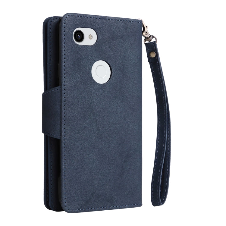 For Google Pixel 3A XL Rivet Buckle 9 Cards Three Fold Leather Phone Case(Blue) - Google Cases by PMC Jewellery | Online Shopping South Africa | PMC Jewellery | Buy Now Pay Later Mobicred