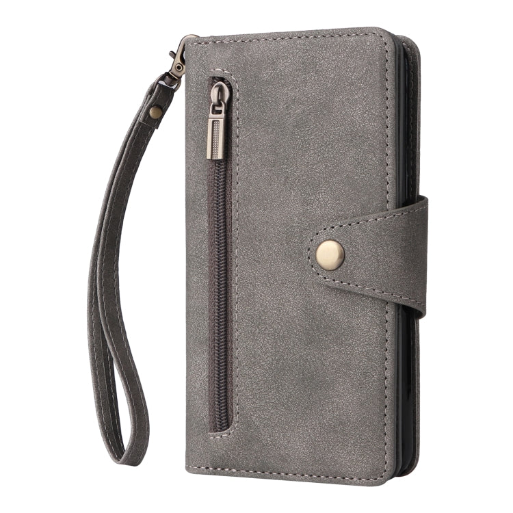 For Google Pixel 4A 4G Rivet Buckle 9 Cards Three Fold Leather Phone Case(Grey) - Google Cases by PMC TechLife | Online Shopping South Africa | PMC TechLife | Buy Now Pay Later Mobicred