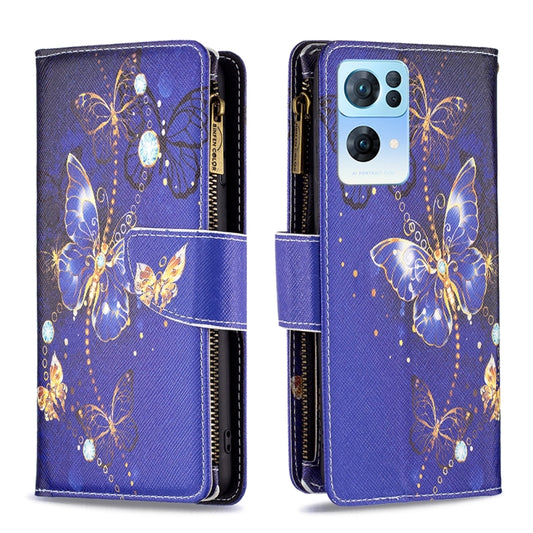 For OPPO Reno7 5G Global Colored Drawing Pattern Zipper Horizontal Flip Phone Leather Case(Purple Butterfly) - OPPO Cases by PMC Jewellery | Online Shopping South Africa | PMC Jewellery | Buy Now Pay Later Mobicred