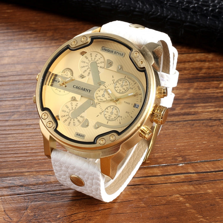 CAGARNY 6820 Round Large Dial Leather Band Quartz Dual Movement Watch For Men(Gold Surface White Band) - Leather Strap Watches by CAGARNY | Online Shopping South Africa | PMC Jewellery | Buy Now Pay Later Mobicred