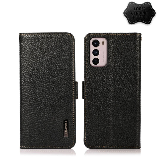 For Motorola Moto G42 KHAZNEH Side-Magnetic Litchi Genuine Leather RFID Phone Case(Black) - Motorola Cases by PMC Jewellery | Online Shopping South Africa | PMC Jewellery | Buy Now Pay Later Mobicred