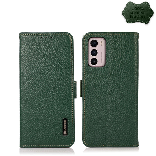 For Motorola Moto G42 KHAZNEH Side-Magnetic Litchi Genuine Leather RFID Phone Case(Green) - Motorola Cases by PMC Jewellery | Online Shopping South Africa | PMC Jewellery | Buy Now Pay Later Mobicred