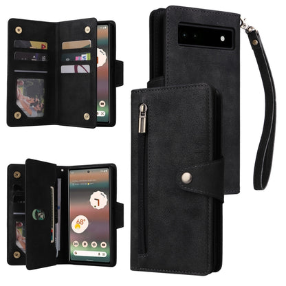 For Google Pixel 6a Rivet Buckle 9 Cards Three Fold Leather Phone Case(Black) - Google Cases by PMC Jewellery | Online Shopping South Africa | PMC Jewellery | Buy Now Pay Later Mobicred