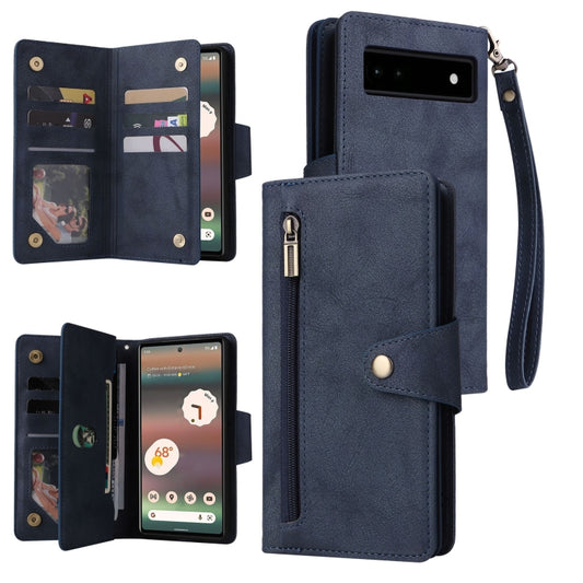 For Google Pixel 6a Rivet Buckle 9 Cards Three Fold Leather Phone Case(Blue) - Google Cases by PMC Jewellery | Online Shopping South Africa | PMC Jewellery | Buy Now Pay Later Mobicred